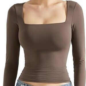 Y2K Sqaure Neck Ruched Bodycon Long Sleeve Top – Brown